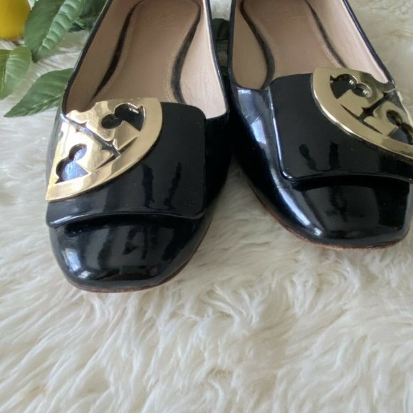 ory Burch Black Square Toe Gold Logo Patent Sz 8 - Picture 2 of 8